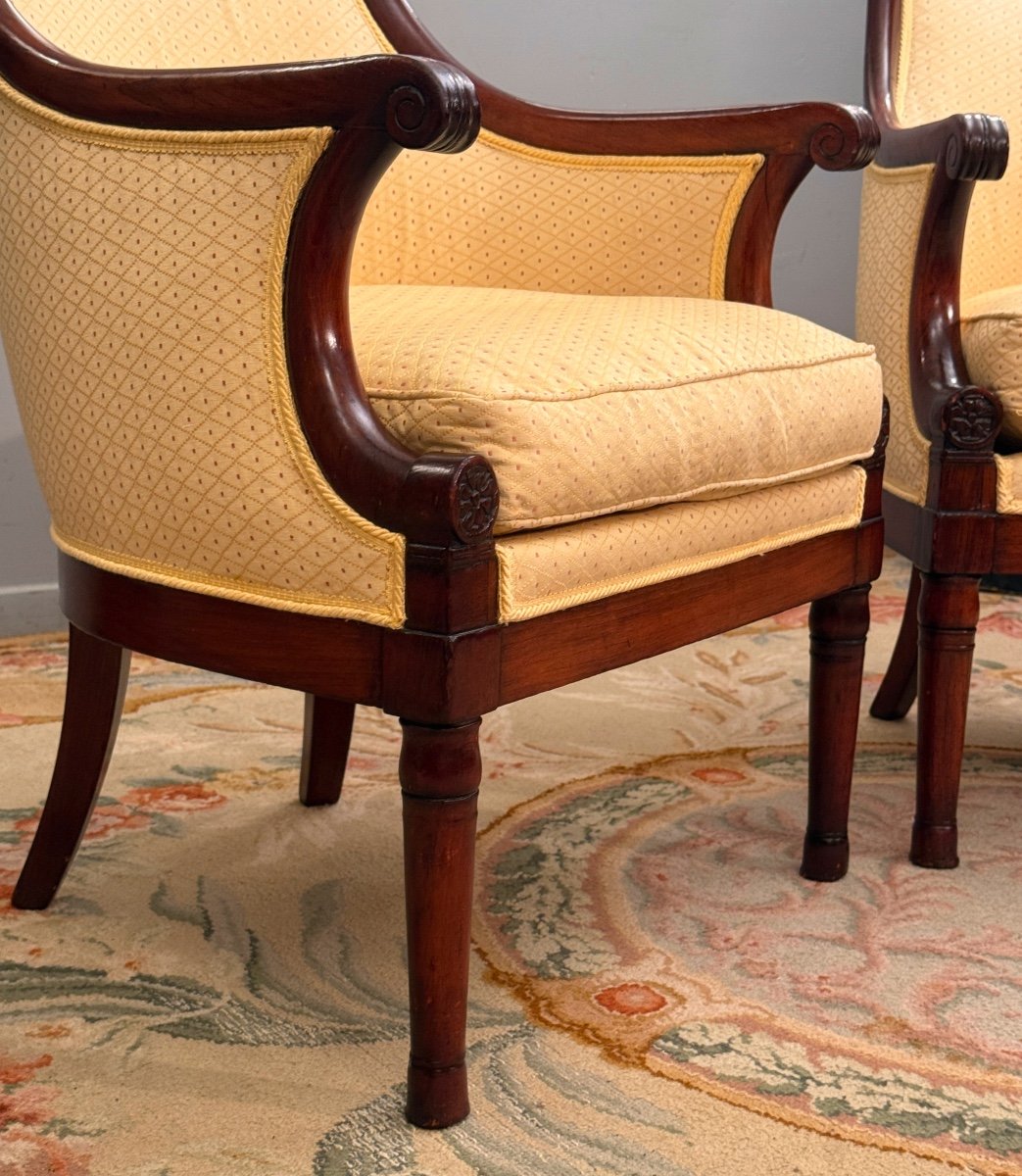 Pair Of Mahogany Officer's Bergeres From The Empire Period, Circa 1810-photo-5