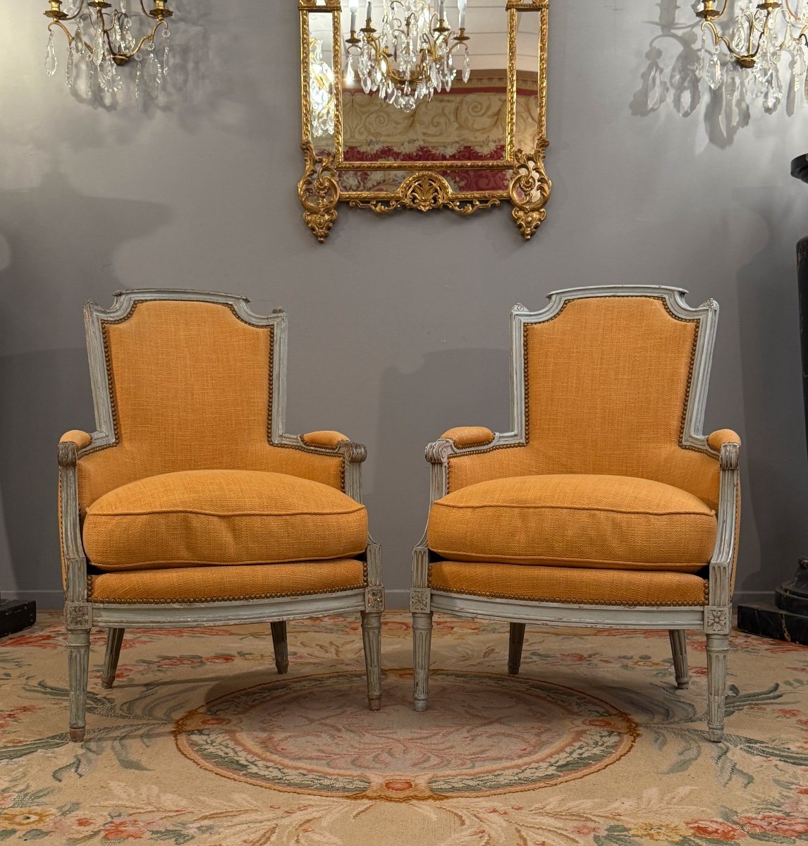 Pair Of Louis XVI Style Lacquered Wood Bergeres, Circa 1780