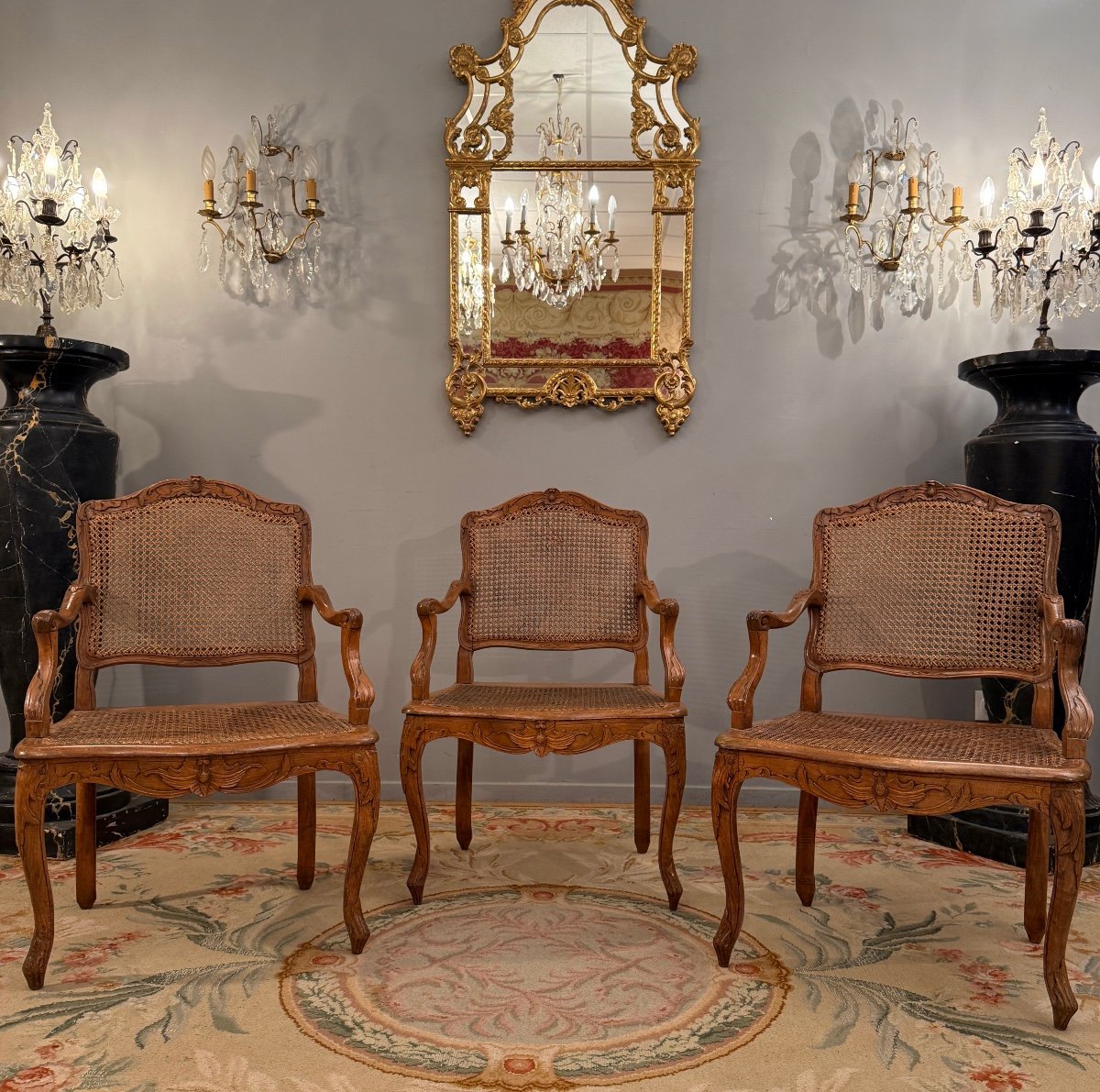 Henri Amand, Set Of Three Louis XV Period Walnut Armchairs Stamped 18th Century-photo-2