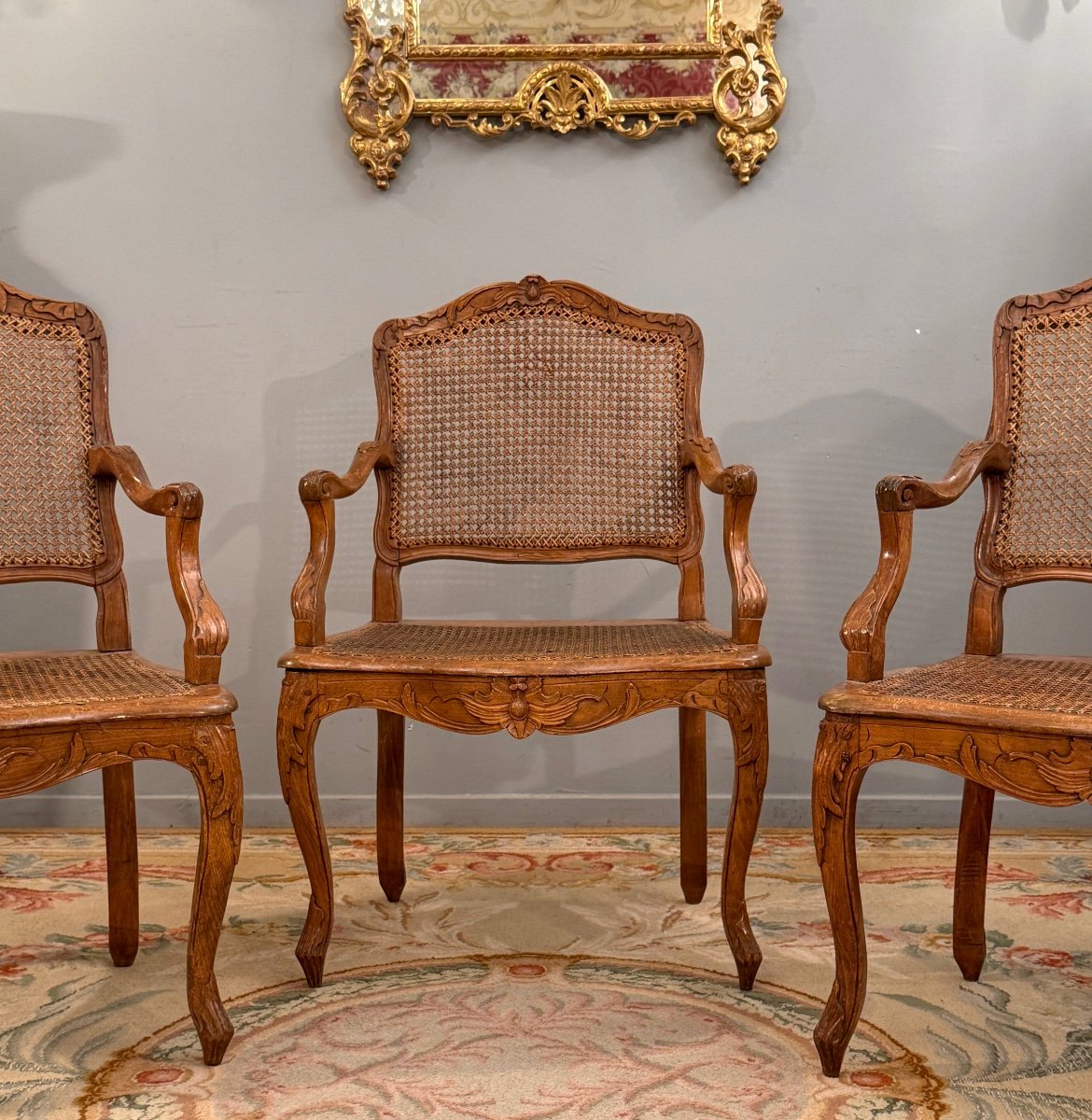 Henri Amand, Set Of Three Louis XV Period Walnut Armchairs Stamped 18th Century-photo-3