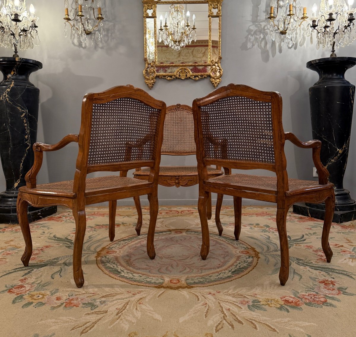 Henri Amand, Set Of Three Louis XV Period Walnut Armchairs Stamped 18th Century-photo-4