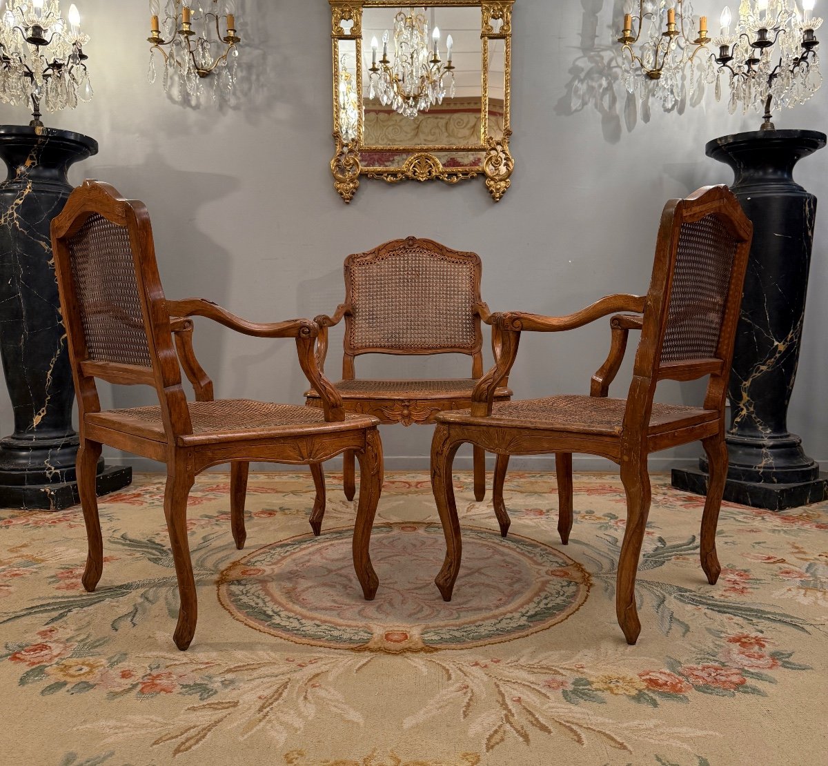 Henri Amand, Set Of Three Louis XV Period Walnut Armchairs Stamped 18th Century-photo-1