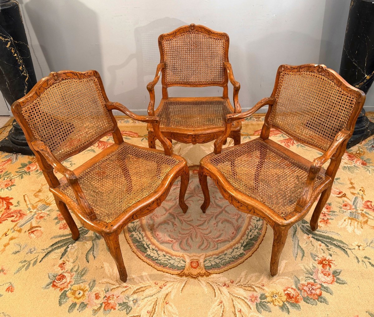 Henri Amand, Set Of Three Louis XV Period Walnut Armchairs Stamped 18th Century-photo-2