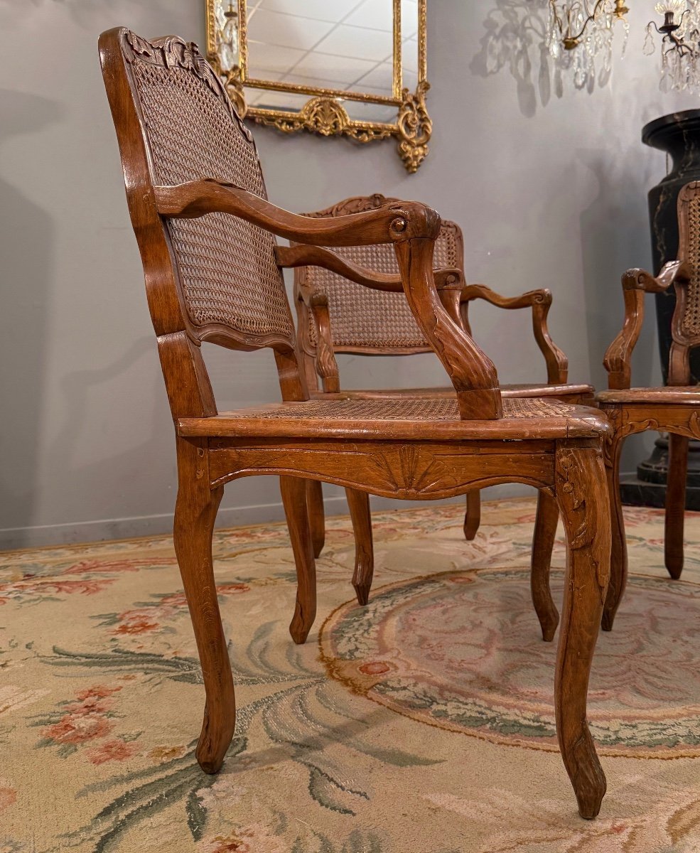 Henri Amand, Set Of Three Louis XV Period Walnut Armchairs Stamped 18th Century-photo-3