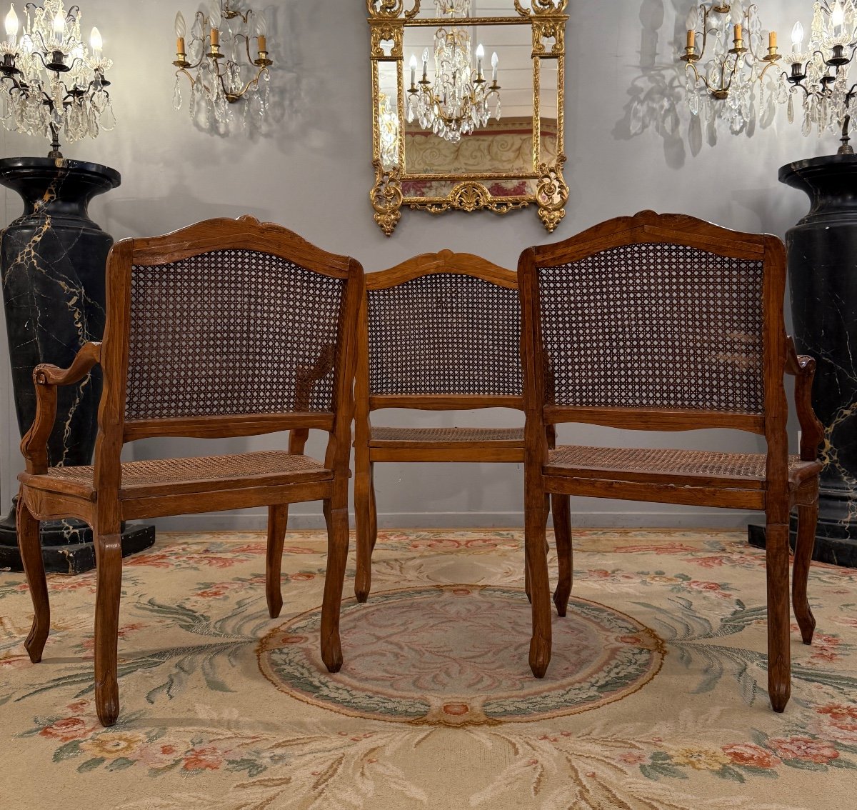 Henri Amand, Set Of Three Louis XV Period Walnut Armchairs Stamped 18th Century-photo-4