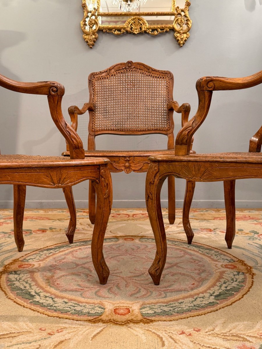 Henri Amand, Set Of Three Louis XV Period Walnut Armchairs Stamped 18th Century-photo-6