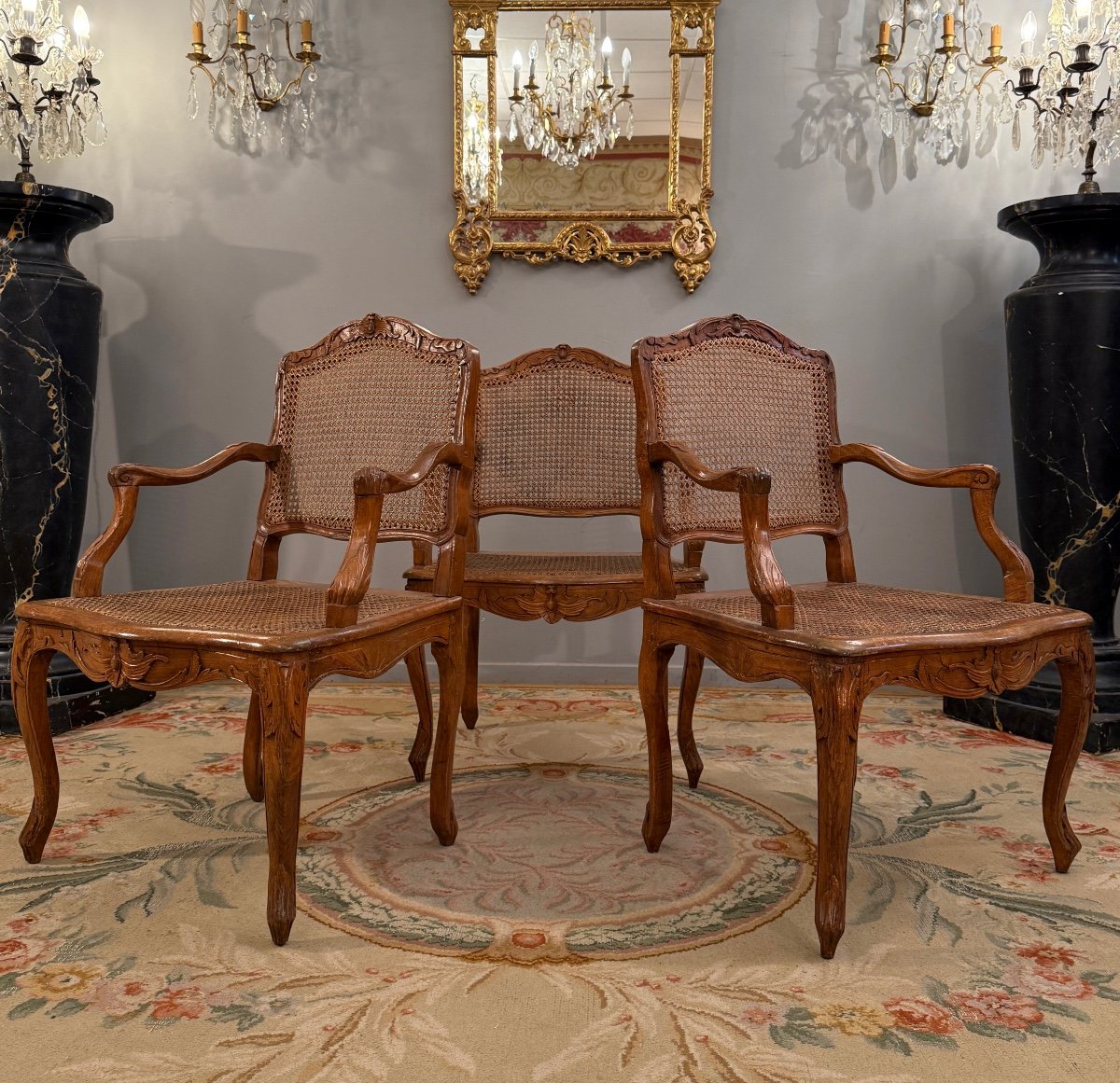 Henri Amand, Set Of Three Louis XV Period Walnut Armchairs Stamped 18th Century