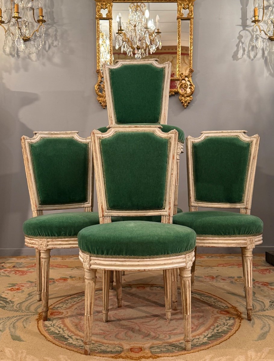 Paul François Jean, Suite De Cinq Chaises En Bois Laque Estampillée d'Epoque Louis XVI 