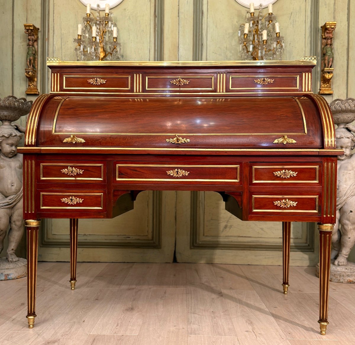 Important Bureau Cylindre En Acajou De Style Louis XVI Vers 1860-photo-2