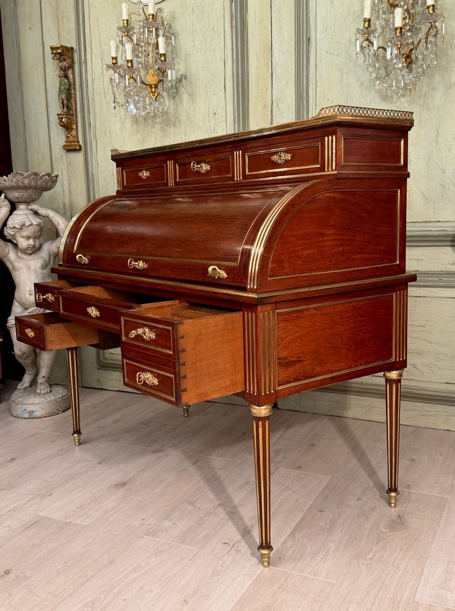 Important Bureau Cylindre En Acajou De Style Louis XVI Vers 1860-photo-8