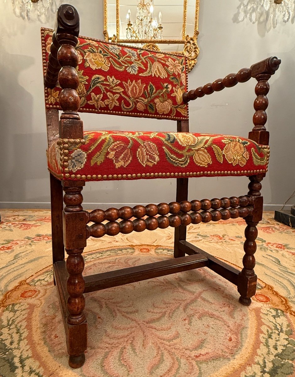 Chaise A Bras En Noyer d'Epoque Louis XIV XVIIème-photo-7