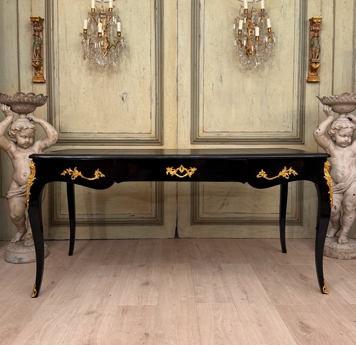 Maison Jansen, Louis XV Style Black Lacquered Desk Circa 1940-1950 -photo-2