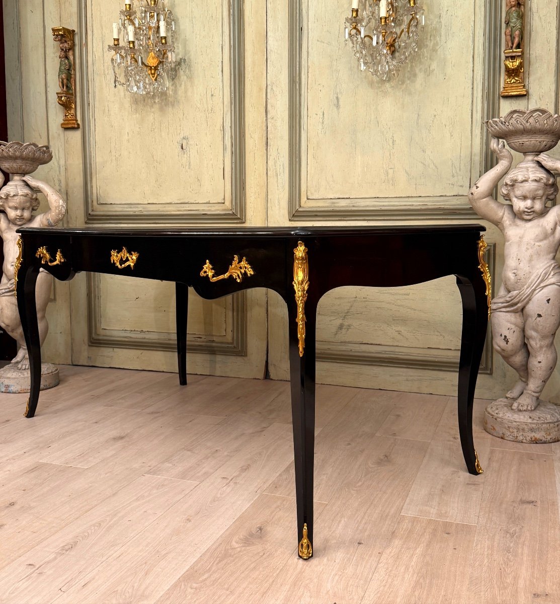 Maison Jansen, Bureau Plat Laqué Noir De Style Louis XV Vers 1940 -1950 -photo-3