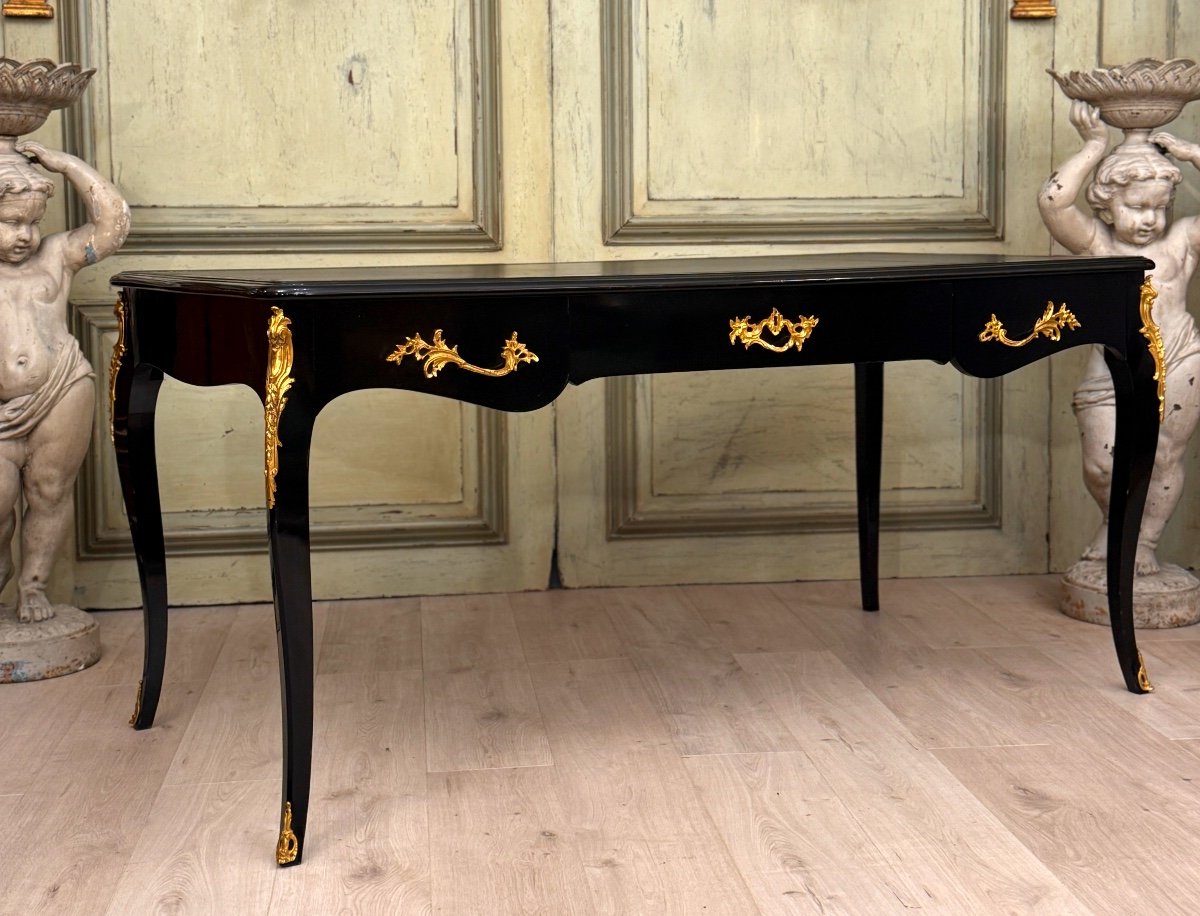 Maison Jansen, Bureau Plat Laqué Noir De Style Louis XV Vers 1940 -1950 -photo-8