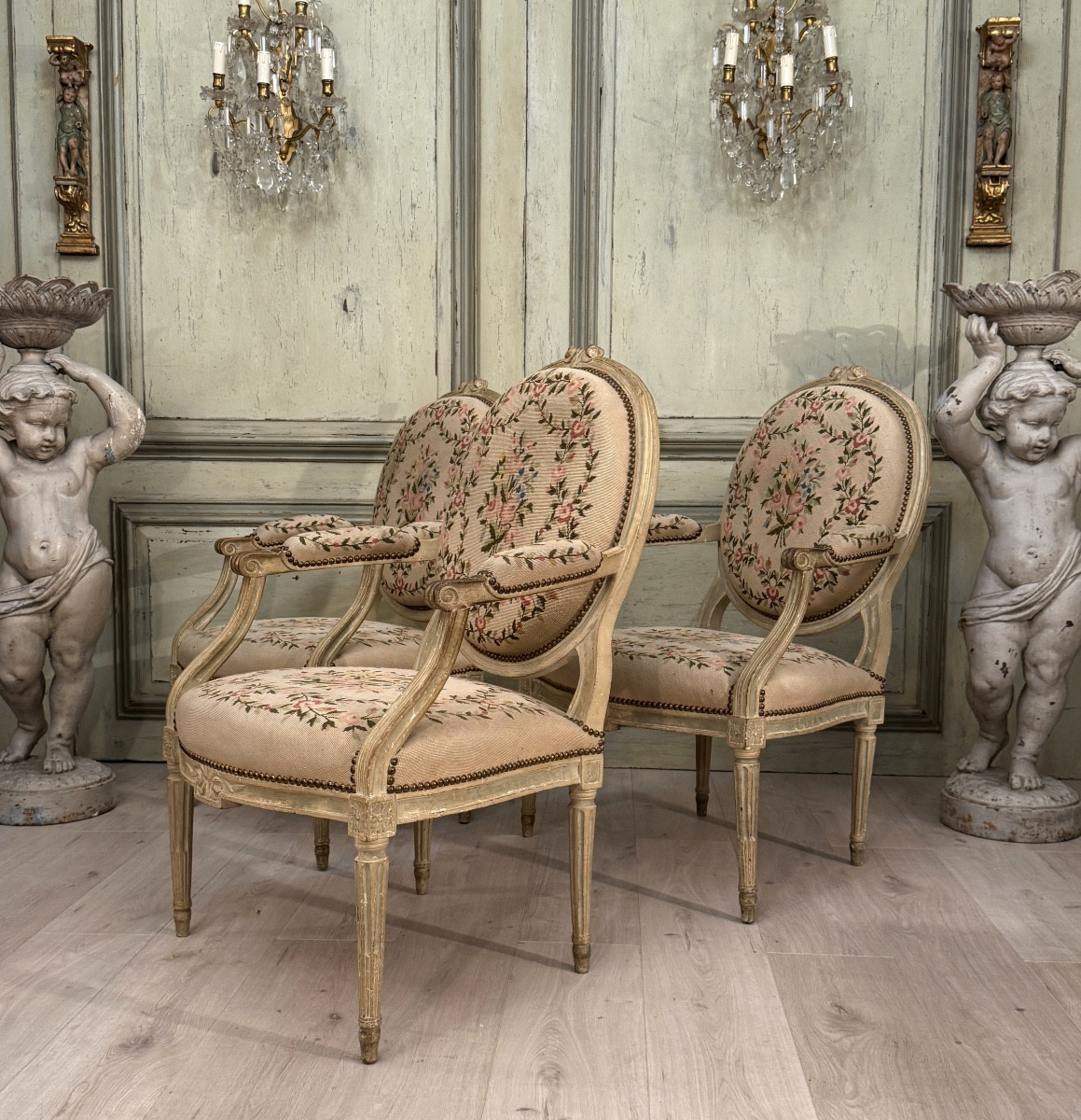 Set Of Three Louis XVI Lacquered Wood Armchairs, Circa 1780-photo-2