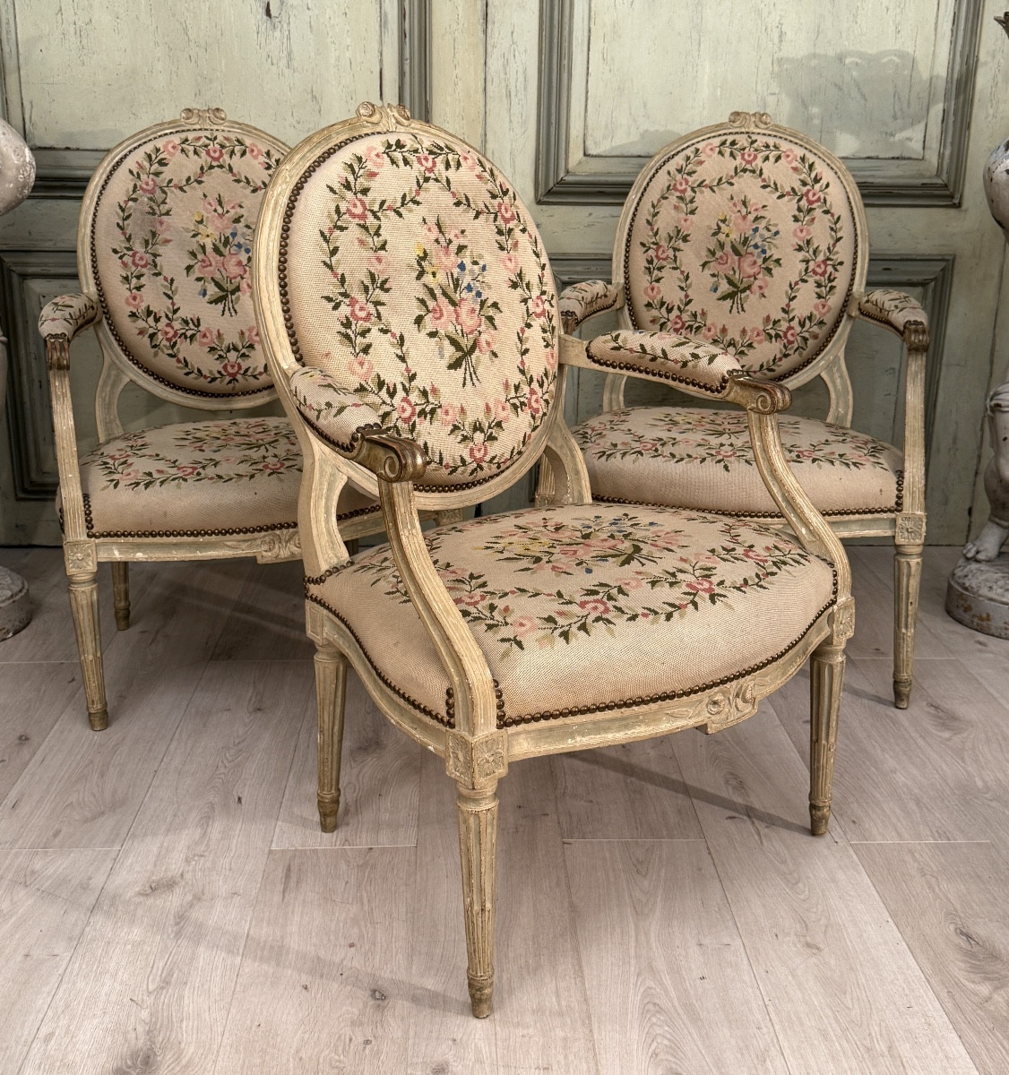 Set Of Three Louis XVI Lacquered Wood Armchairs, Circa 1780-photo-1