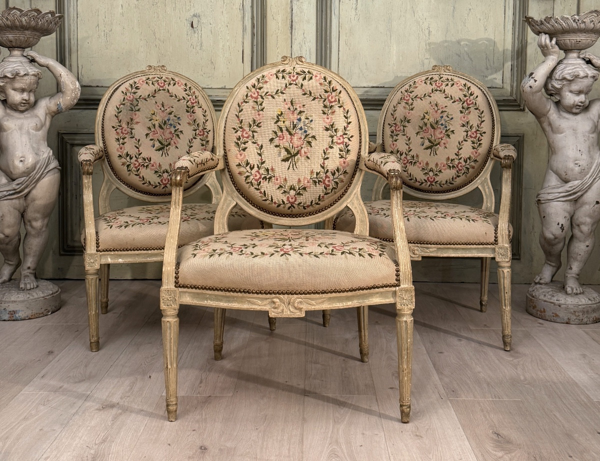 Set Of Three Louis XVI Lacquered Wood Armchairs, Circa 1780-photo-7