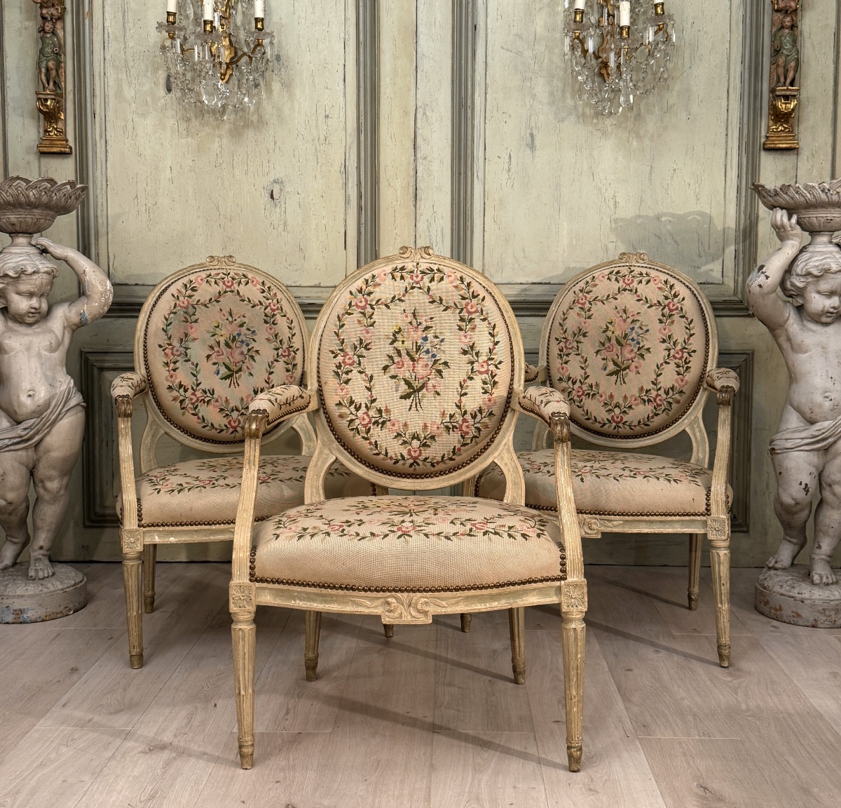 Set Of Three Louis XVI Lacquered Wood Armchairs, Circa 1780