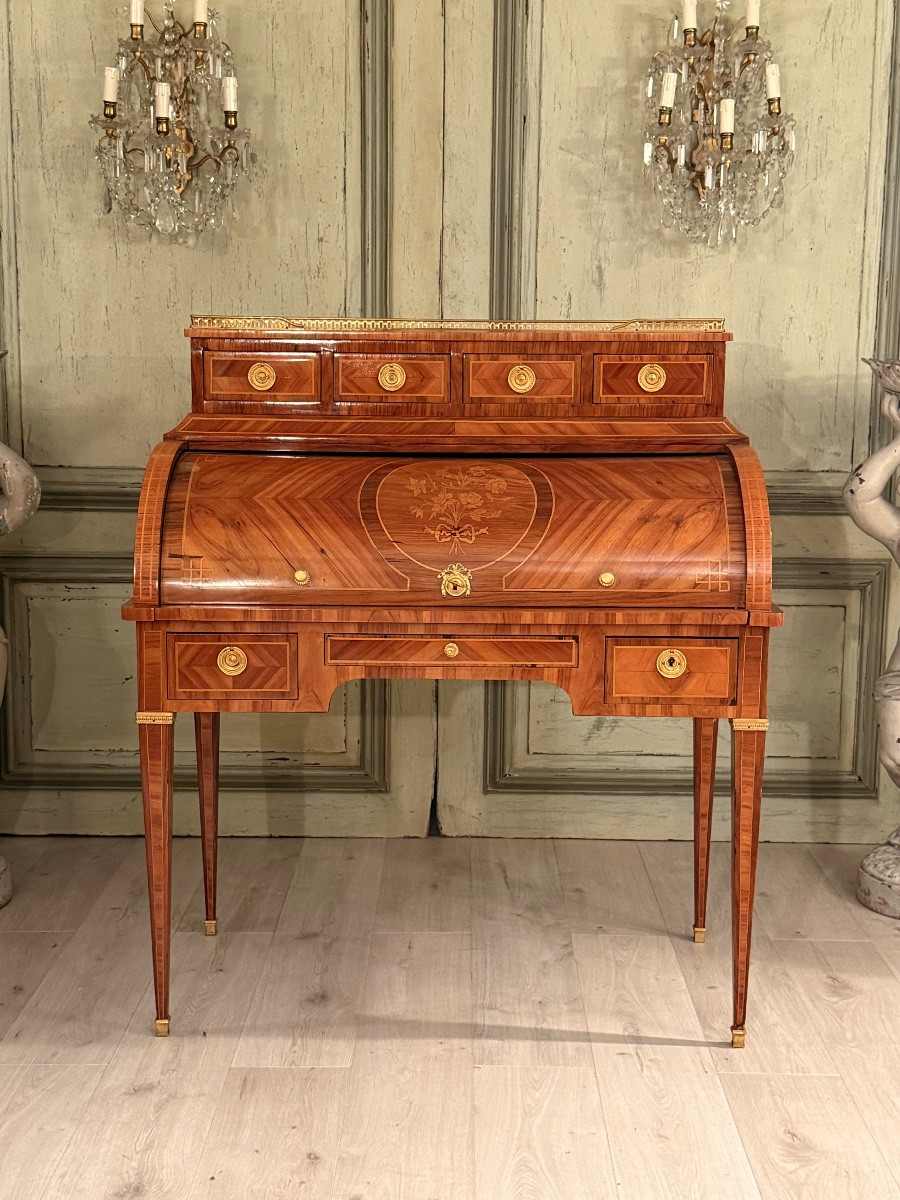 Louis XVI Style Cylinder Desk In Marquetry, 19th Century-photo-2