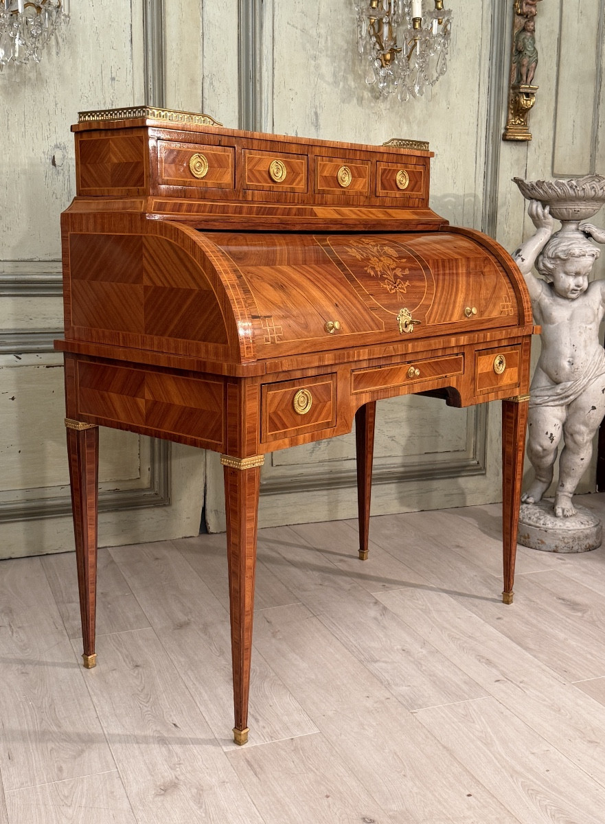 Louis XVI Style Cylinder Desk In Marquetry, 19th Century-photo-3