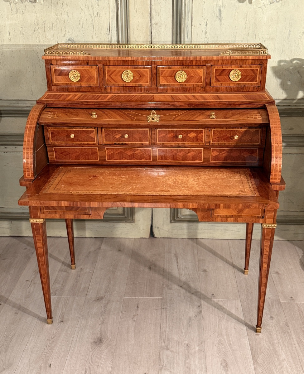 Louis XVI Style Cylinder Desk In Marquetry, 19th Century-photo-4