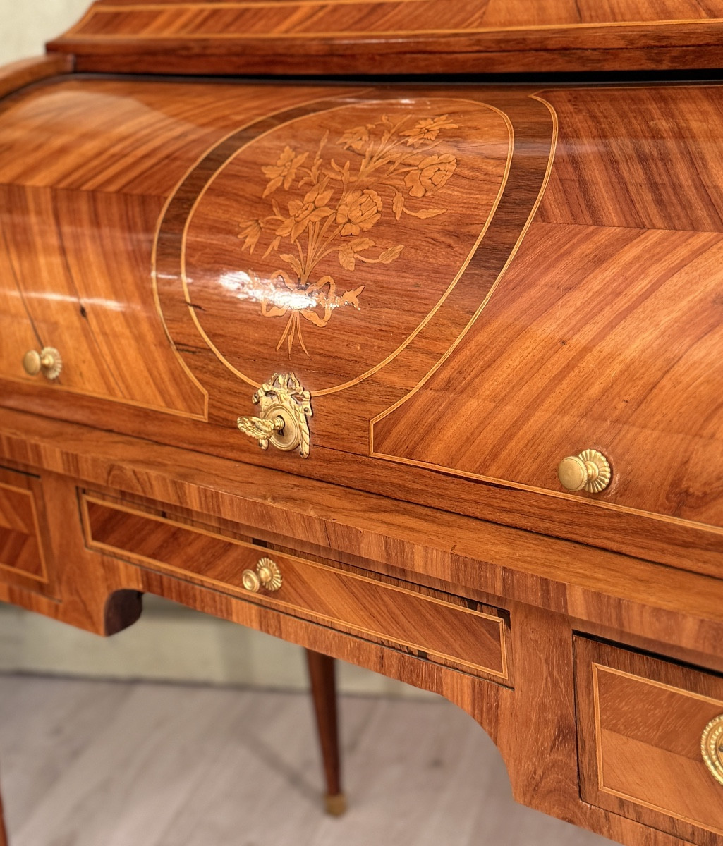 Louis XVI Style Cylinder Desk In Marquetry, 19th Century-photo-1