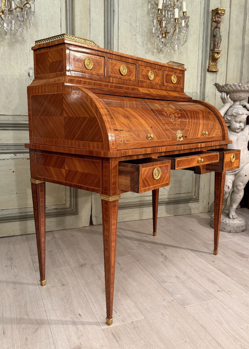 Louis XVI Style Cylinder Desk In Marquetry, 19th Century-photo-2