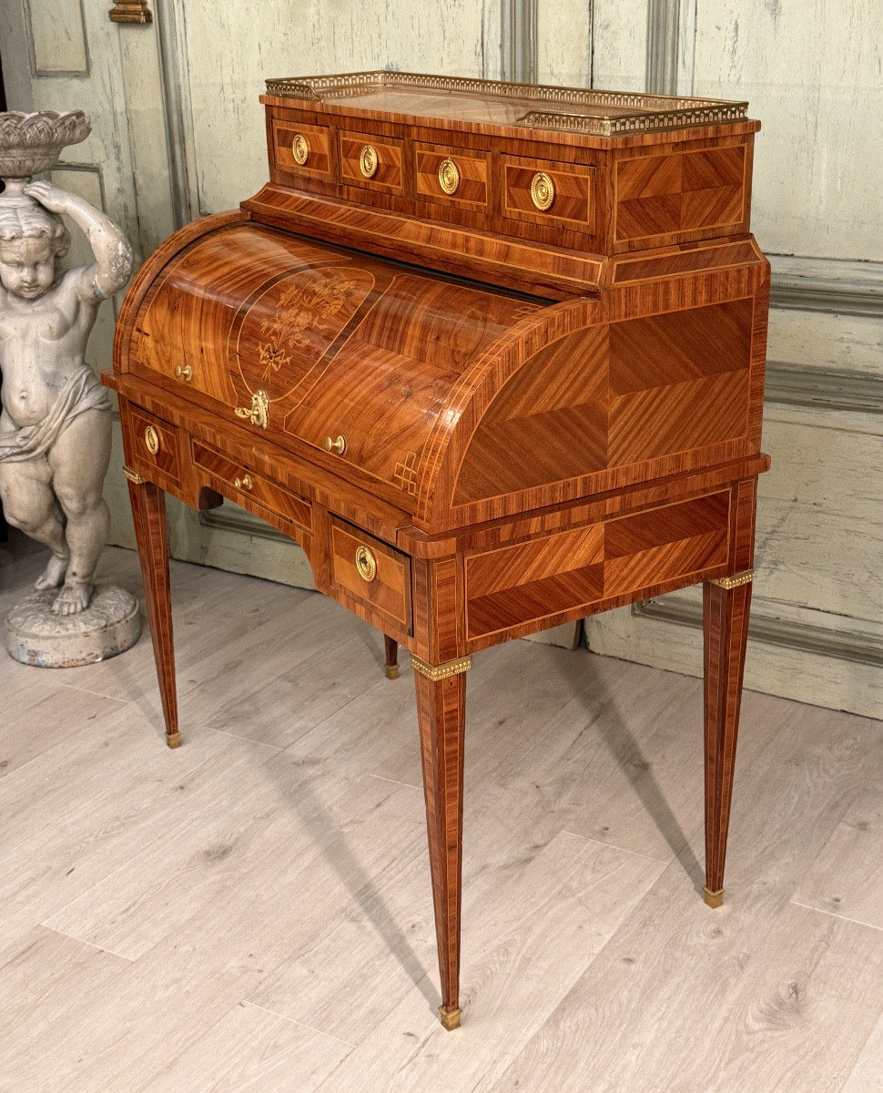 Louis XVI Style Cylinder Desk In Marquetry, 19th Century-photo-3