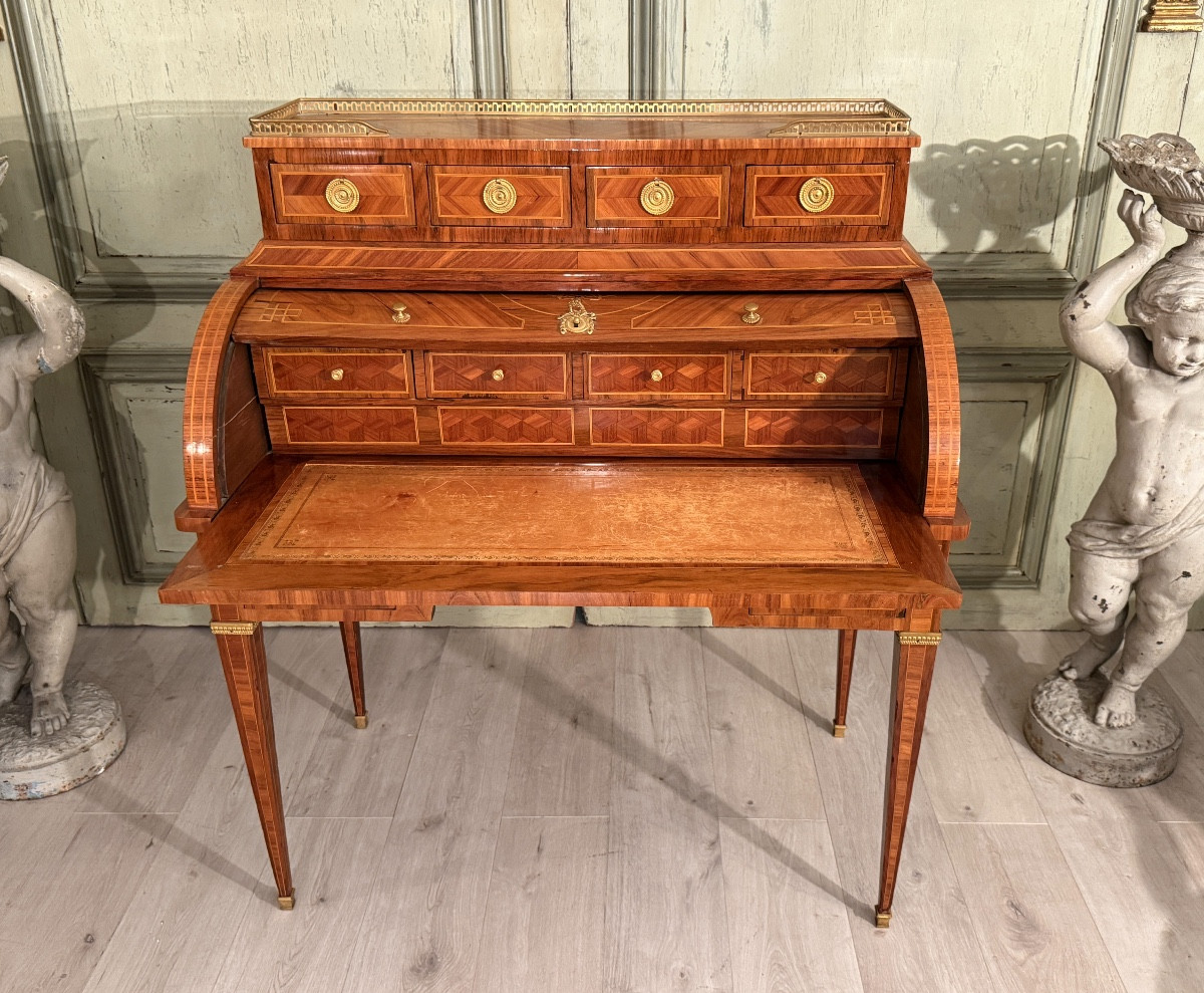 Louis XVI Style Cylinder Desk In Marquetry, 19th Century-photo-4