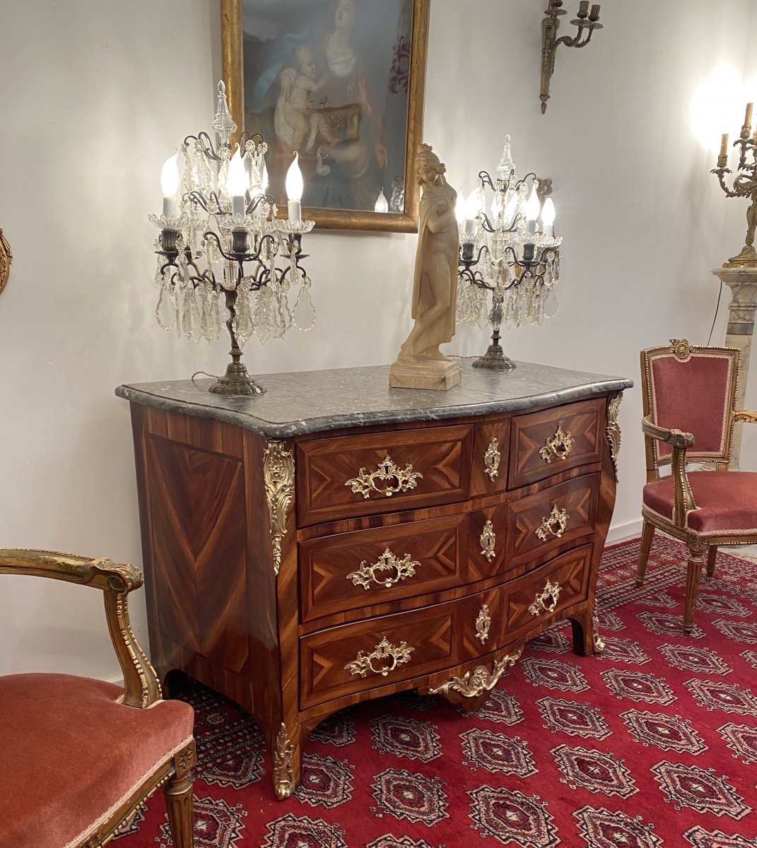 Curved Commode In Marquetry Louis XV Period Around 1730-photo-2