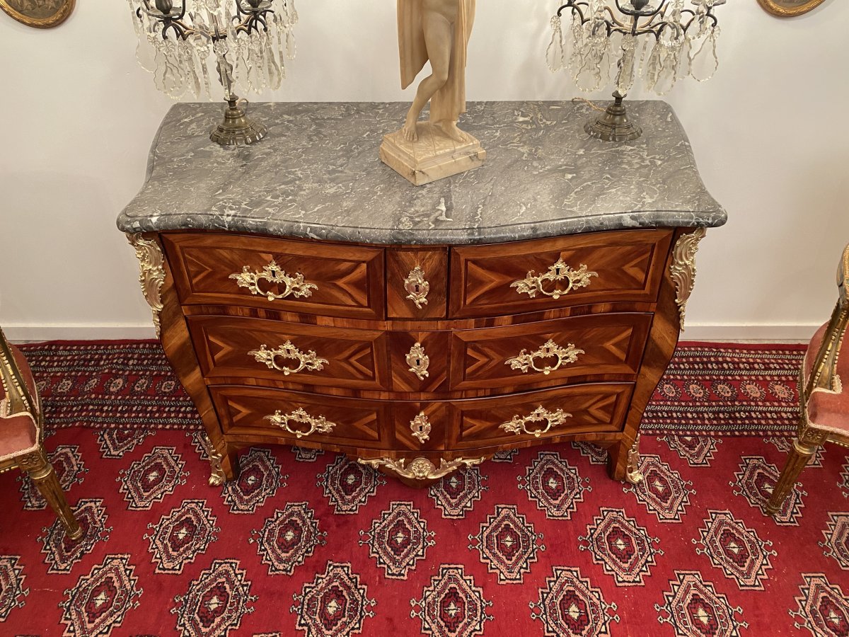 Curved Commode In Marquetry Louis XV Period Around 1730-photo-3