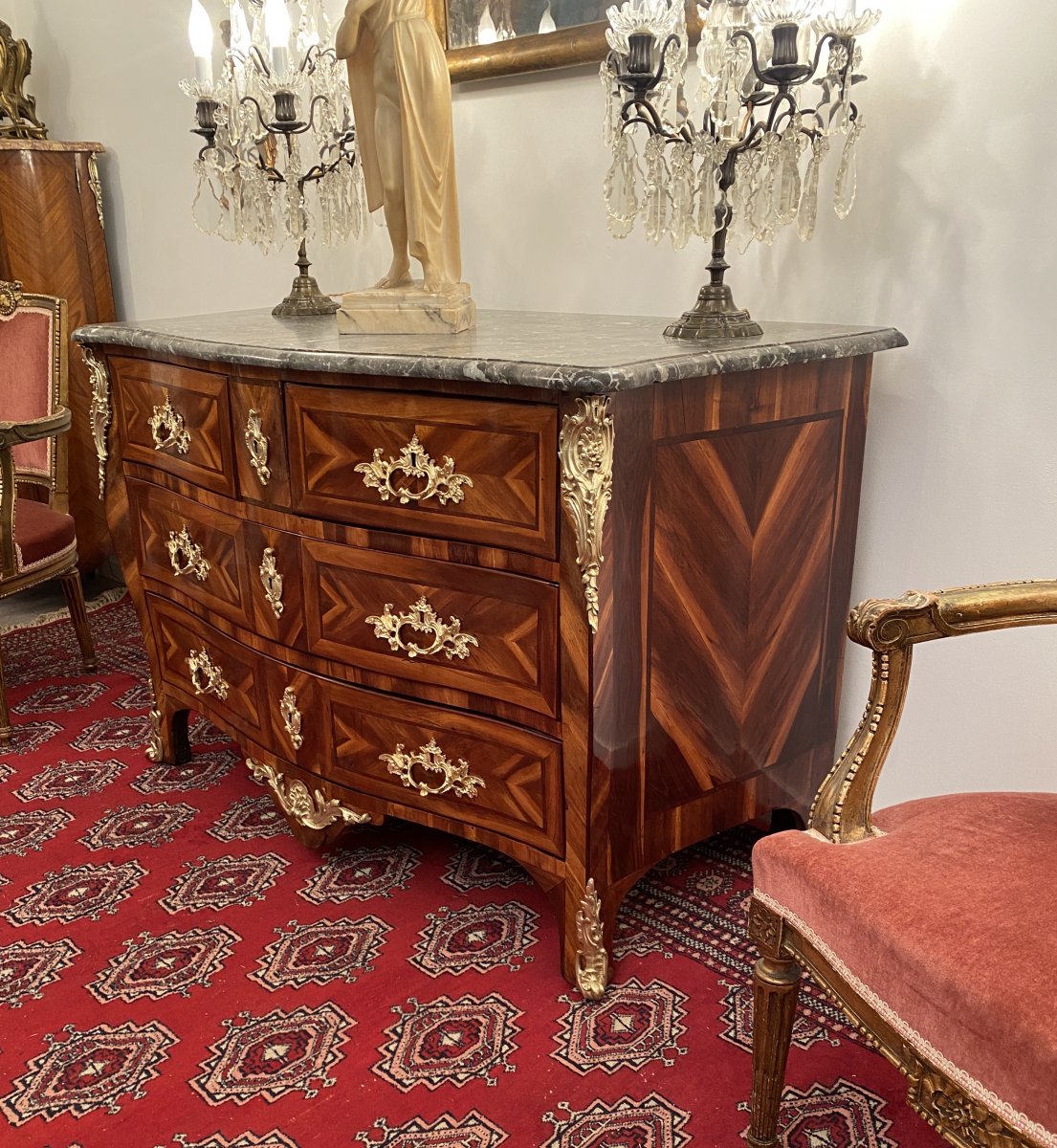 Curved Commode In Marquetry Louis XV Period Around 1730-photo-4