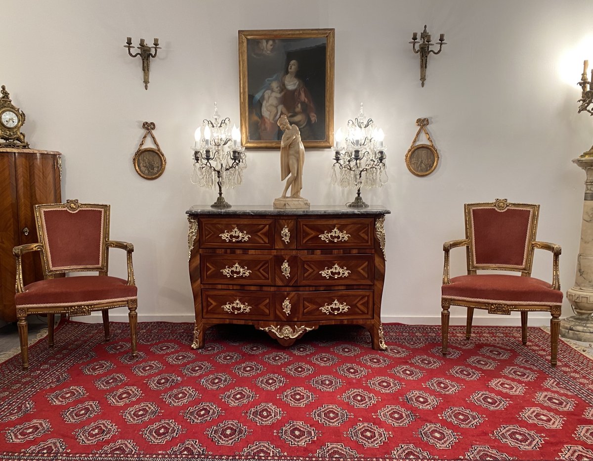 Curved Commode In Marquetry Louis XV Period Around 1730-photo-4