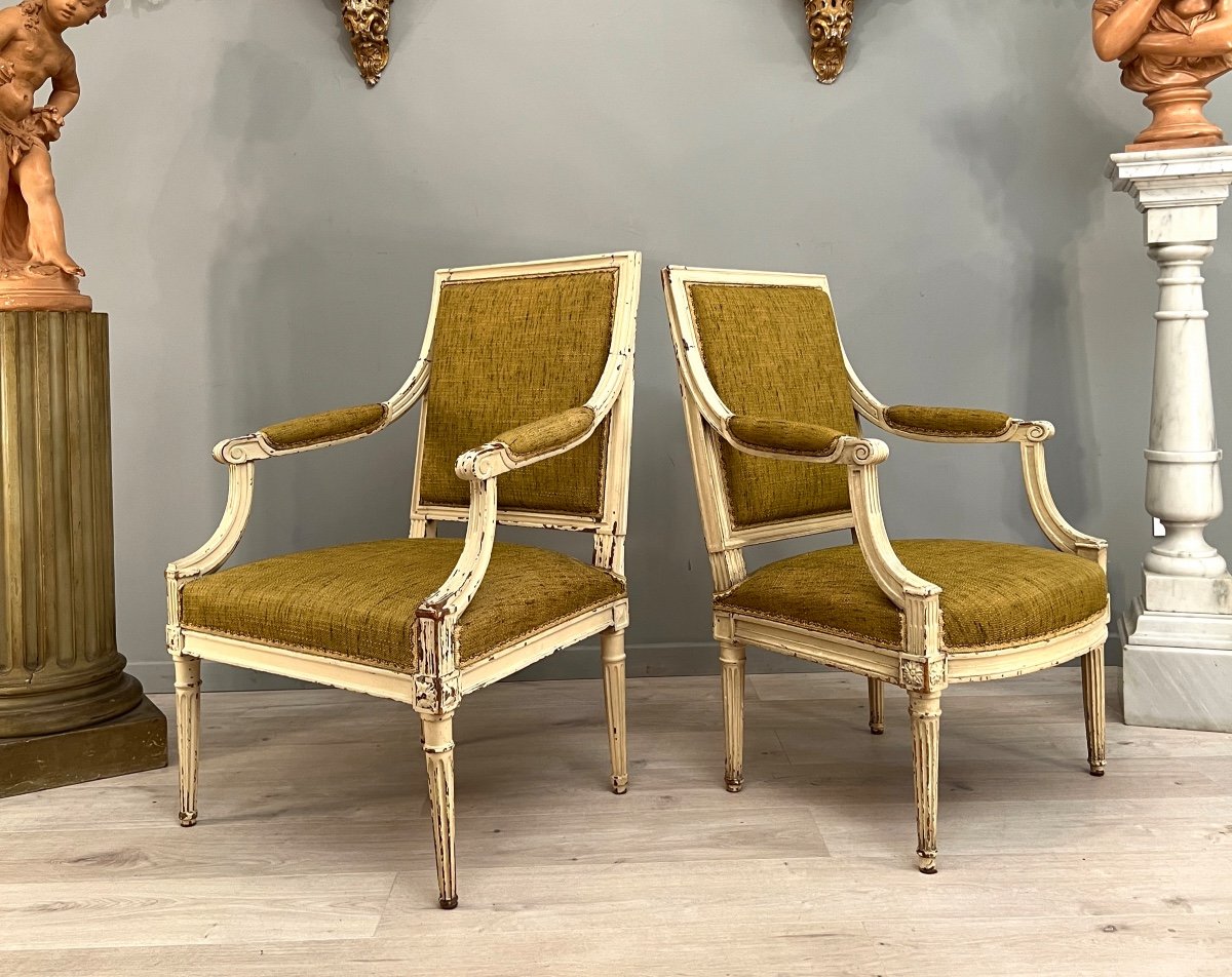 Suite De 2 Fauteuils A Dossier Plat d'Epoque Louis XVI Vers 1780-photo-4