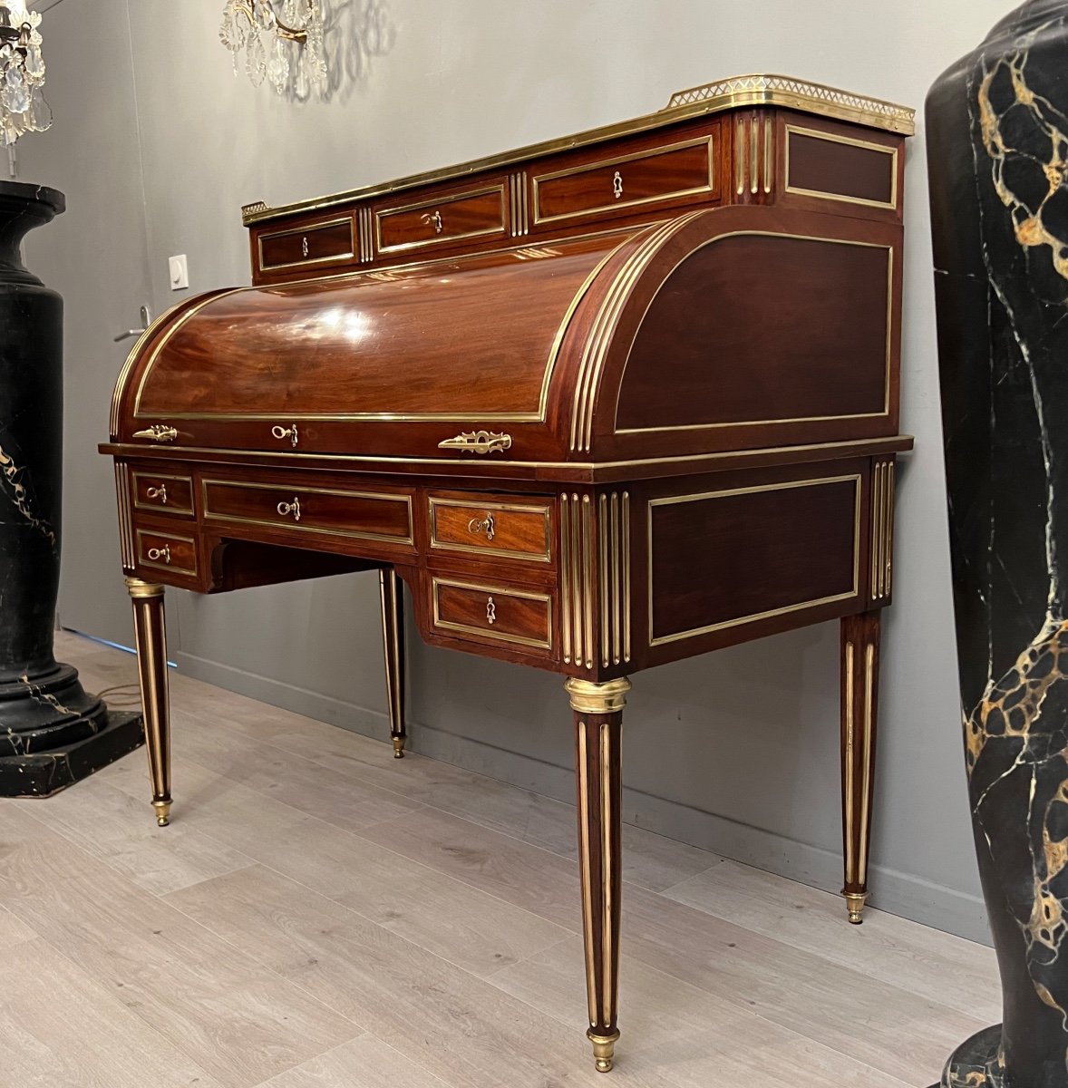 Important Bureau Cylindre En Acajou De Style Louis XVI Vers 1860-photo-4