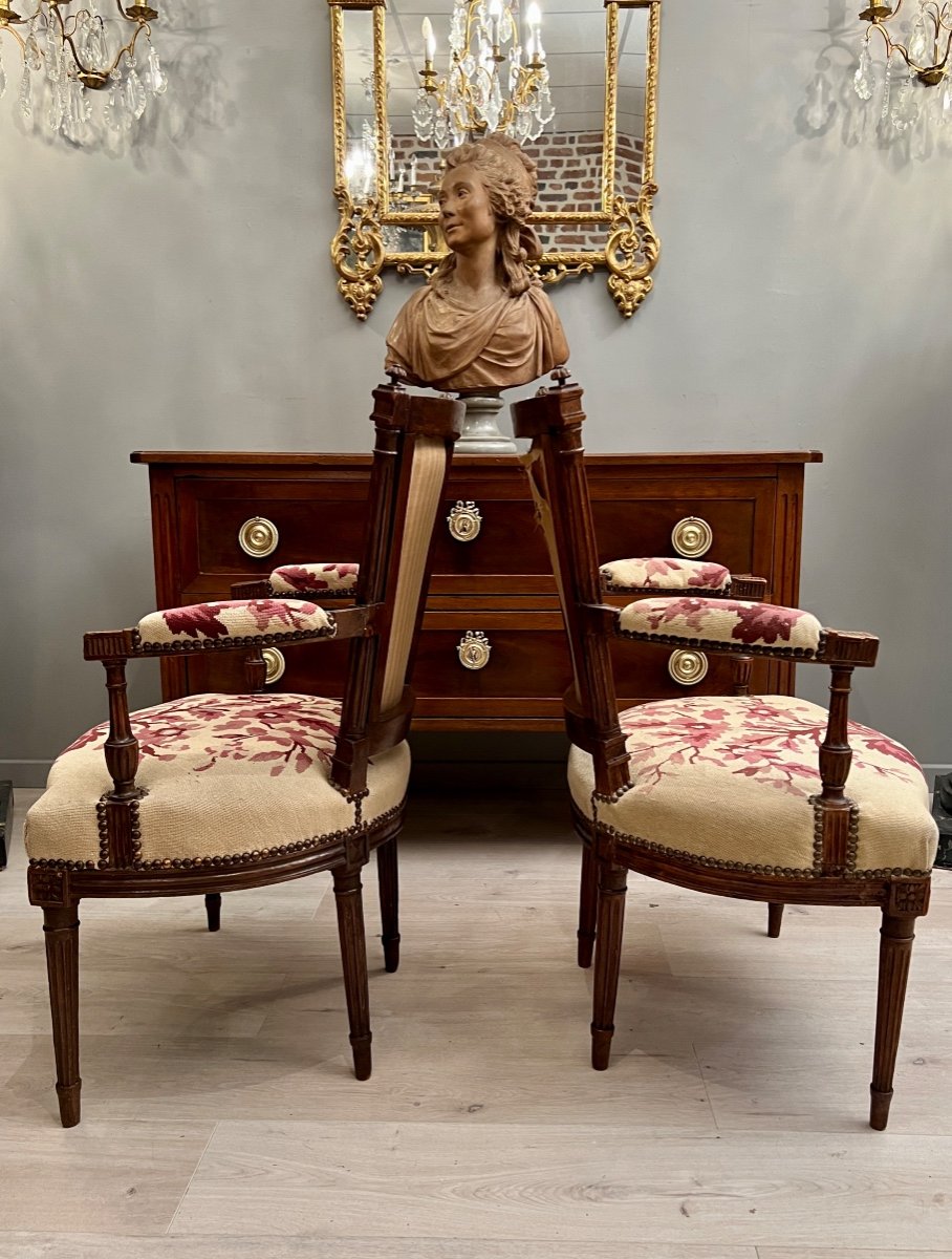 Pair Of Cabriolet Armchairs In Walnut Louis XVI Period Around 1780-photo-2