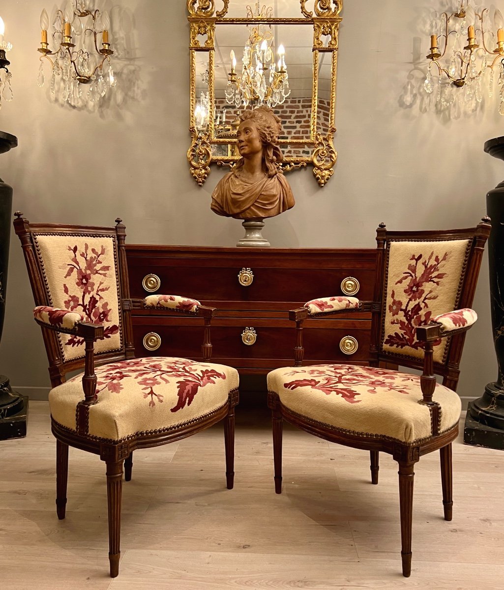 Pair Of Cabriolet Armchairs In Walnut Louis XVI Period Around 1780