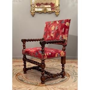 Chaise A Bras En Noyer d'Epoque Louis XIII XVIIème Siècle 