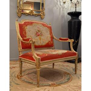 Marquise en Bois Laqué Estampillée Mobilier de Château d'Epoque Louis XVI, Vers 1780