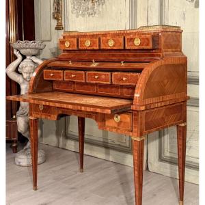 Louis XVI Style Cylinder Desk In Marquetry, 19th Century