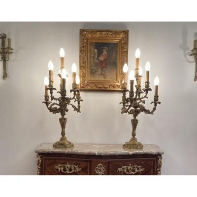 Important Pair Of Bronze Candelabra In Louis XV Style Nineteenth