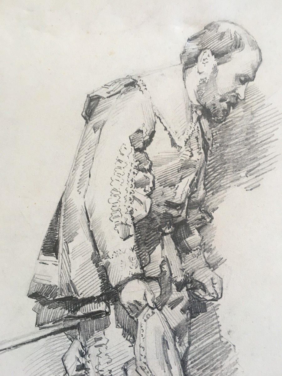 A. Crespin (1859-1944) Pencil Drawing Of A Leaning Man, Study Of A Theater Costume.-photo-2