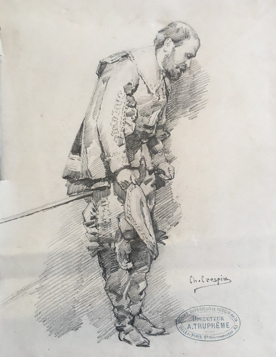 A. Crespin (1859-1944) Pencil Drawing Of A Leaning Man, Study Of A Theater Costume.