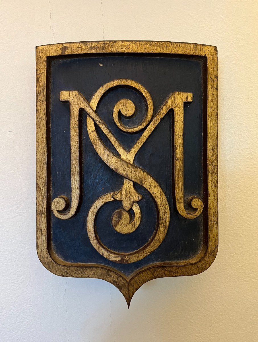 Bois Monogrammé Façon Blason XIX Ieme Siècle 