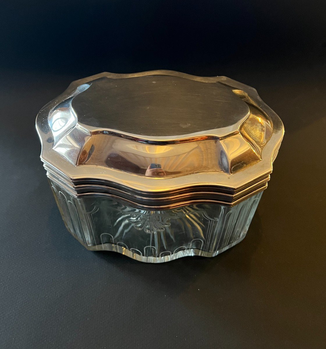 Biscuit Box Silver Lid Napoleon III Period And Engraved Crystal-photo-3