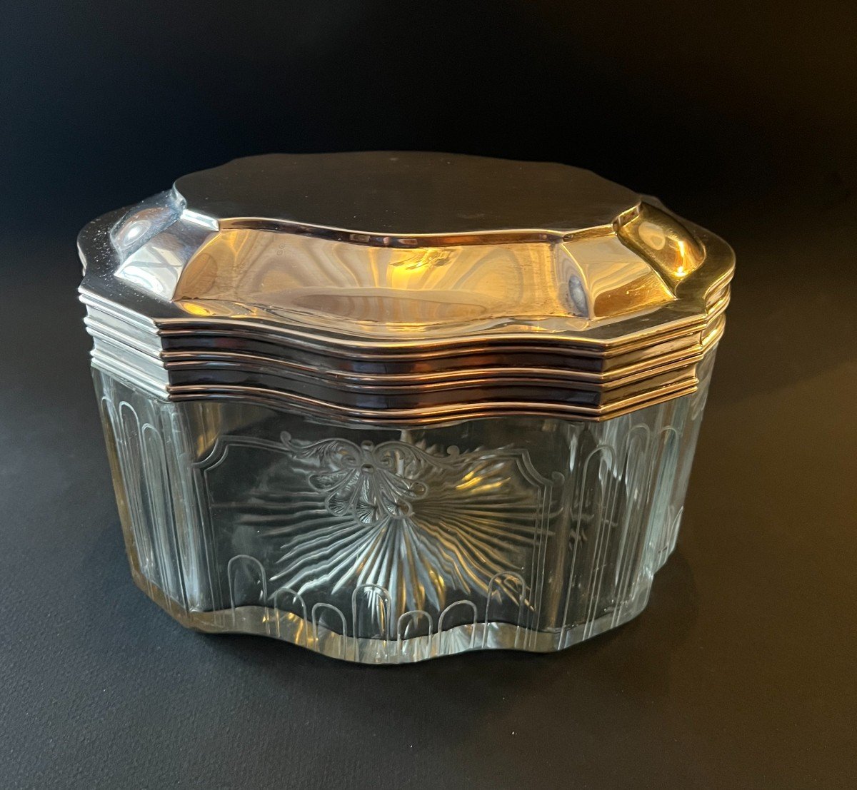 Biscuit Box Silver Lid Napoleon III Period And Engraved Crystal