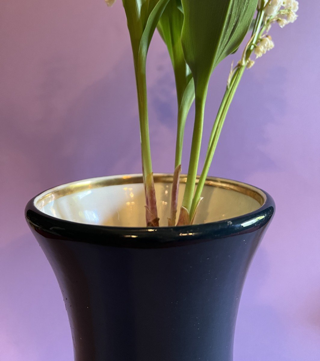 Dark Green Ceramic Vase With Gold Border 1940 From The Salins Manufacture-photo-2