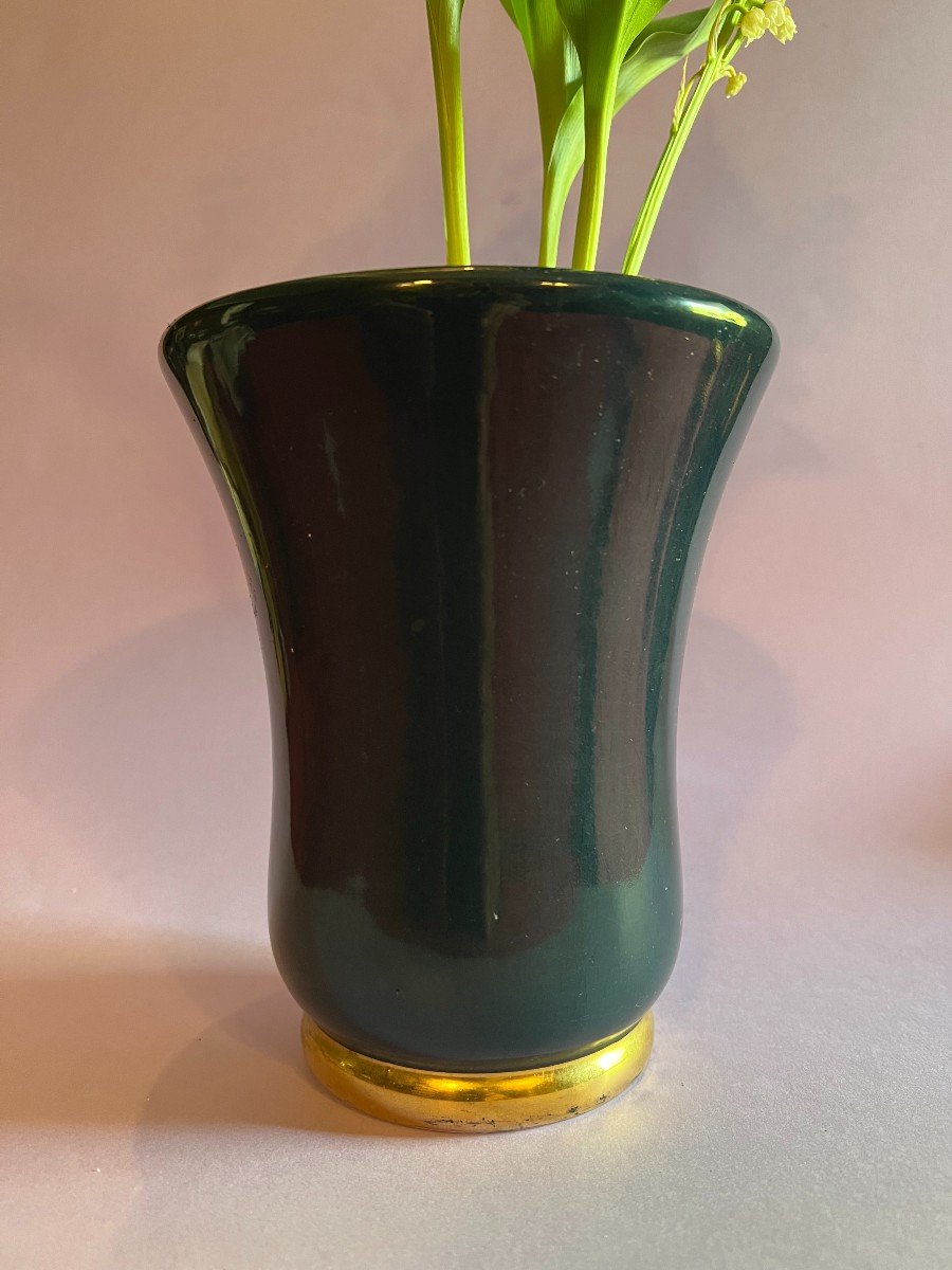 Vase en céramique Vert Foncé avec bordure Or 1940 de la Manufacture Salins-photo-3
