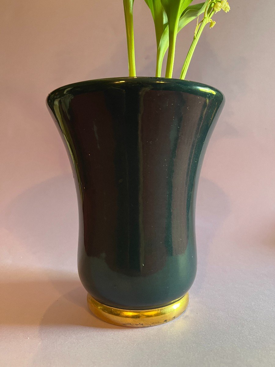 Dark Green Ceramic Vase With Gold Border 1940 From The Salins Manufacture-photo-3