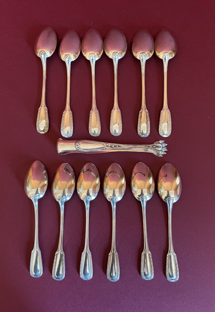 Set Of 12 Silver Teaspoons And Sugar Tongs In Its Original Box. -photo-3